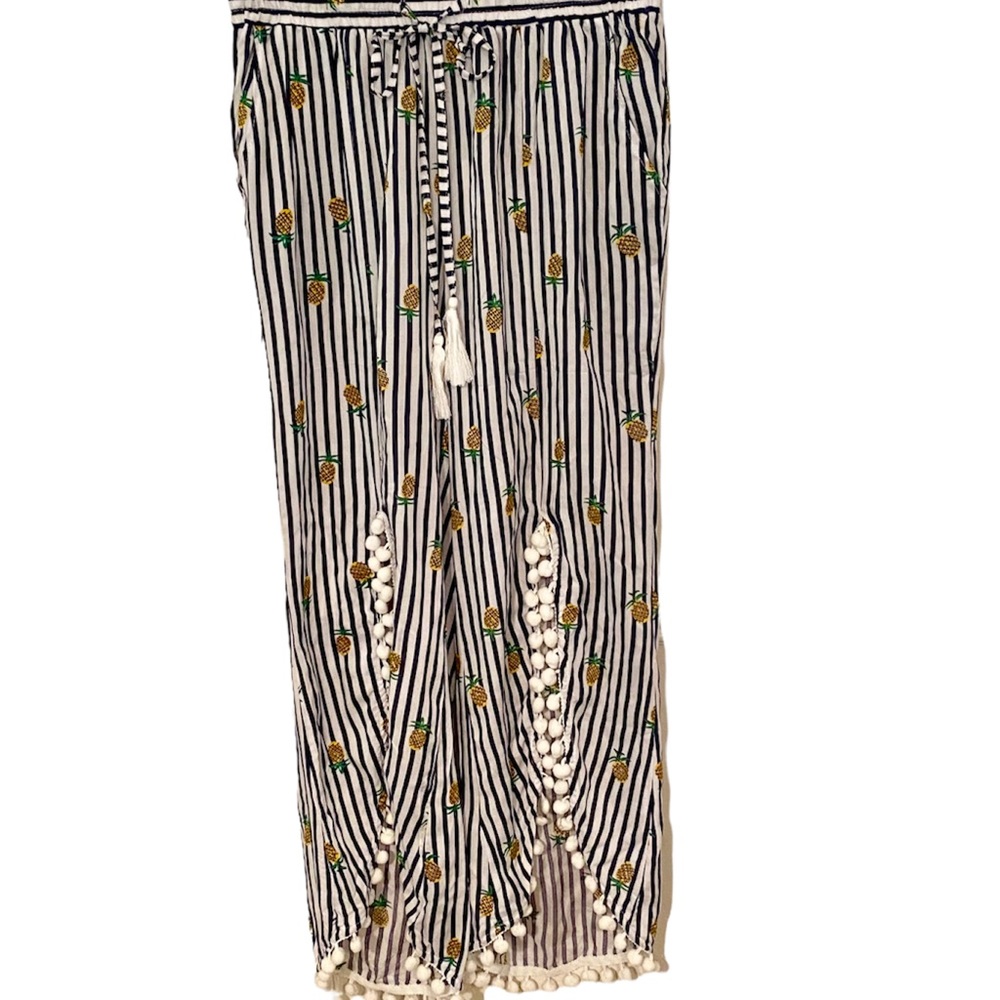 NWT Solitaire Swim Coverup Pants Pineapple and Stripes Pom Poms Drawstring pants